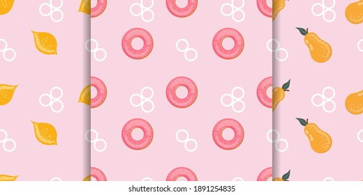 A set of seamless patterns with food in a cartoon style. Food, desserts and fruit in the set. Lemon, pear and donut for design.