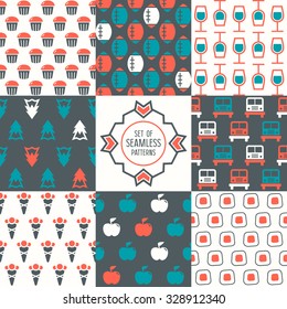 Set of seamless patterns. Food, nature and sport. Color print