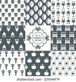 Set of seamless patterns. Food, nature and sport. Monochrome print