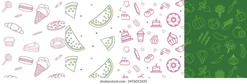 conjunto de patrones sin fisuras con alimentos, verduras, dulces, frutas	