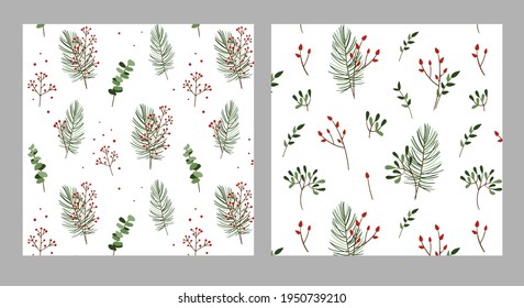 A set of seamless patterns in a forest atmosphere: eucalyptus, berries, spruce, rowan. Perfect for New Year cards, invitations, wrapping paper, textiles. Flat vector art