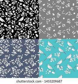 Set of seamless patterns in the form of birds, blueberries and wild rose.