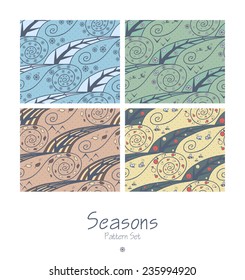 Set of seamless patterns with four seasons. Abstract design. Illustration with natural weather, plants and insects. Can be used for pattern fills, wallpapers, web page, surface textures