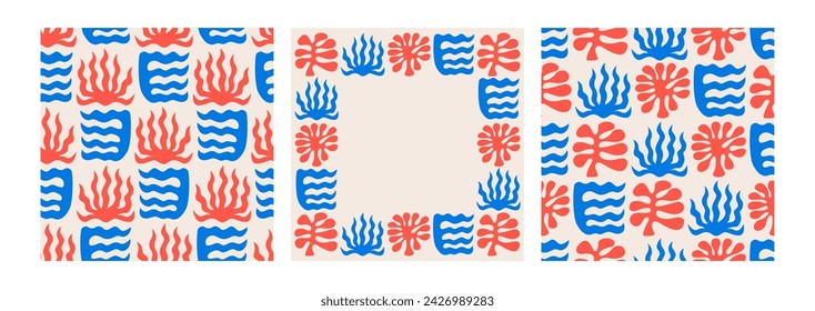 Set of seamless patterns and frame with abstract organic shapes of underwater plants. Retro seamless backgrounds with abstract corals or seaweed. Matisse inspired prints	