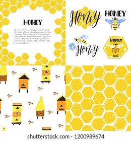 Set of seamless patterns, frame, labels. Honeycomb, bees, beehive. Vector hand drawn illustration.