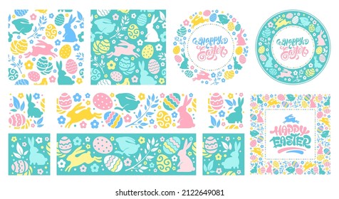 Set of seamless patterns, frames and borders for Easter celebration. Cute design elements with bunny, colored eggs and flowers for festive greetings, banners, flyers etc. Vector illustration. Imagem Vetorial Stock