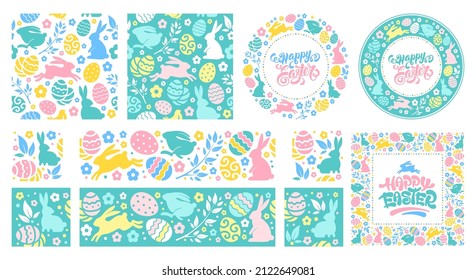 Set of seamless patterns, frames and borders for Easter celebration. Cute design elements with bunny, colored eggs and flowers for festive greetings, banners, flyers etc. Vector illustration.