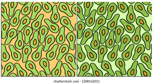 Set of seamless patterns of fresh avocados with vector bone on green and beige background. Vector drawn avocado. Cut avocado, healthy food. The preference of vegetarians, fruktoriantsev.