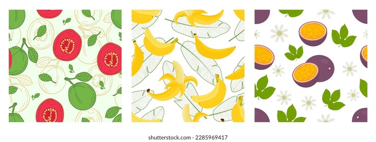 Conjunto de patrones sin costura con fruta fresca Guava, plátano, fruta de la pasión. Diseño de papel, cubierta, tela, decoración interior y otros. Ilustración del vector