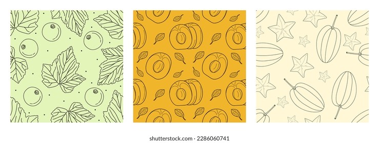 Set of seamless patterns with fresh fruits Blackcurrant, peach, Carambola. Design for paper, cover, fabric, interior decor and other. Vector illustration