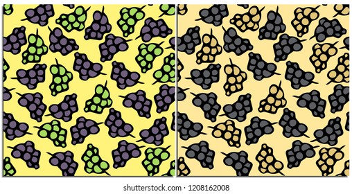 Set of seamless patterns of fresh grapes green and purple vector on a beige background. Drawn vector grapes. Tasty and healthy food. The preference of vegetarians, fruktoriantsev.