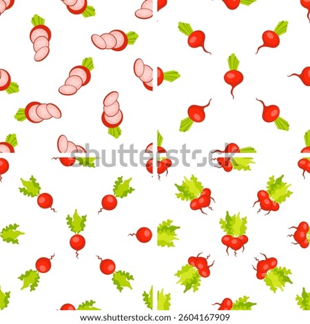 Set of seamless patterns with fresh whole, halved and sliced radish with leaves
