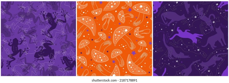 A set of seamless patterns with frogs, mushrooms, cats on the background of the starry cosmic sky. Magic print for Halloween. Vector graphics.