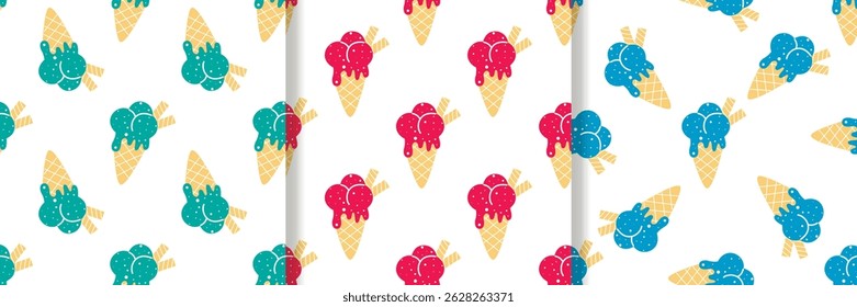 Set of seamless patterns with fruit ice cream. Berry mix ice in waffle cone. Summer print, vector graphic