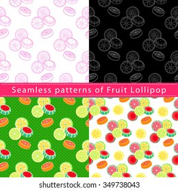 Set of seamless patterns with fruit lollipop, on white and colorful backgrounds 