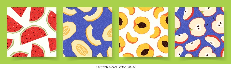 Set of seamless patterns with fruit. Vector illustration with colourful summer fruit and berries. Summer bright patterns design for party, branding, covers, sale, events, promo flyers.