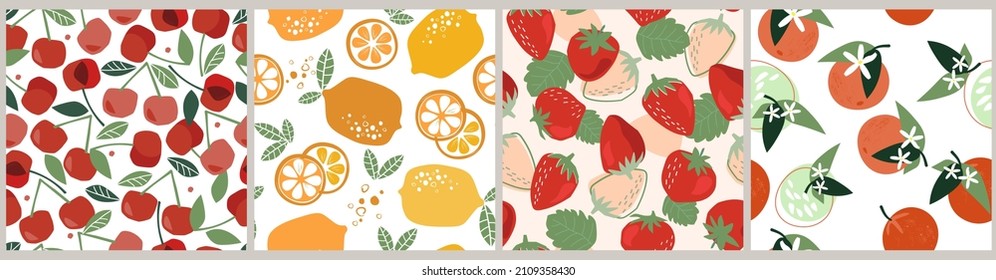 A set of seamless patterns with fruits and berries. Strawberry, cherry, orange, tangerine, lemon is a healthy natural food. Vector graphics.