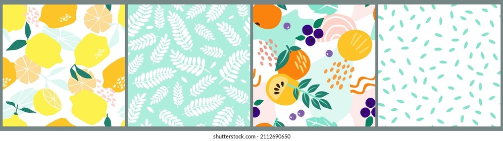 A set of seamless patterns with fruits and berries.  Orange, tangerine, lemon and blueberries is a healthy natural food. Vector graphics.