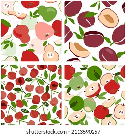 Eine Reihe von nahtlosen Mustern mit Früchten und Beeren. Zeitgenössischer Druck mit abstrakten Äpfeln, Birnen, Kirschen und Pflaumen, ganz und Scheiben. Vektorgrafiken.