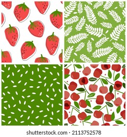 A set of seamless patterns with fruits and berries. Contemporary print with abstract strawberries, leaves, cherries, plants, whole and slices. Vector graphics.