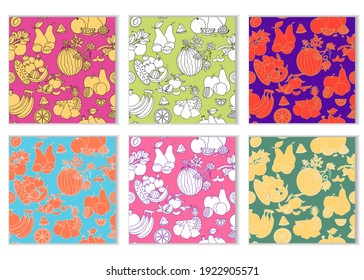Zusammenstellung nahtloser Muster mit Früchten, verschiedenen Farbdesigns, handgezeichnete Illustrationen mit linearer Skizze. Sommerkonzept, Vektorhelles Design für den Stoffdruck.