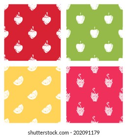 Set of seamless patterns of fruits. Four duotone textures with strawberries, apples, oranges/lemons and raspberries.