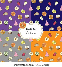 Set seamless patterns with fruits. Hand drawn patten with kiwi, watermelon, melon,  coco, apricot, pineapple, strawberry and lemon. Vector Illustration