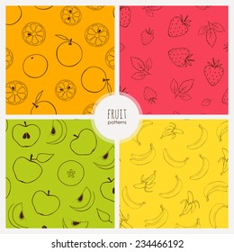 set of seamless patterns with fruits: orange, strawberry, apple, banana