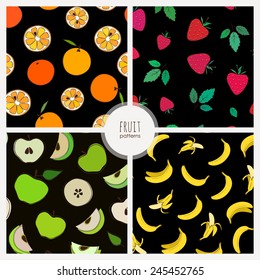 set of seamless patterns with fruits: orange strawberry, apple, banana