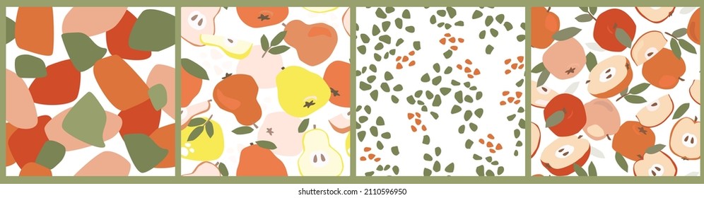 A set of seamless patterns with fruits and simple shapes. Apples and pears whole and slices natural print. Vector graphics.