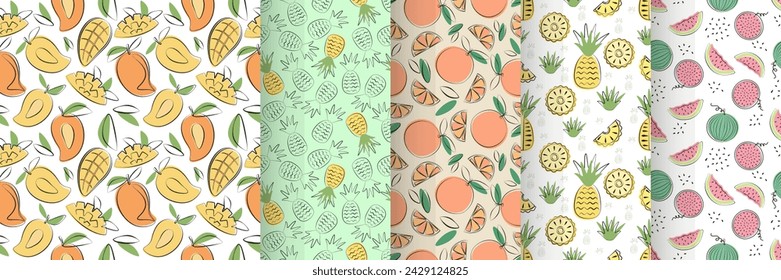 Establezca patrones sin costuras para frutas en un diseño plano simple. Patrón sin fisuras con mangos, piñas, naranjas y sandías. Ilustración vectorial.