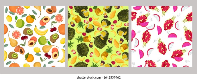 Set of seamless patterns with fruits. Vector graphics.