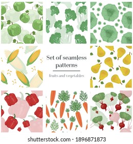 Conjunto de patrones sin fisuras con frutas y verduras. Ilustración vectorial plana de manzana, brócoli, col, maíz, pera, pimienta, zanahoria y rábano para fondo, papel pintado, papel envolvente.