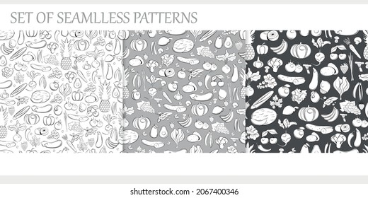 Set of seamless patterns with fruits and vegetables. Line art style.