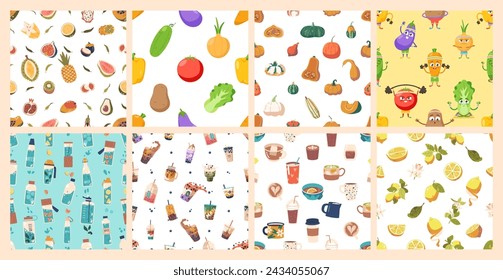 Conjunto De Patrones Sin Costuras Con Frutas, Verduras Y Varias Bebidas. Fondos De Azulejos Vectoriales Con Calabazas, Limones