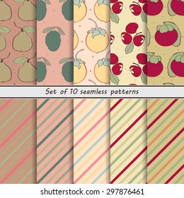 set of seamless patterns of fruit,Santana, pear, guanabana, Nancy, guarana, mangosteen, exotic, tropical, asia, scrap paper, point, bar, oblique, color, retro, set, hand painted