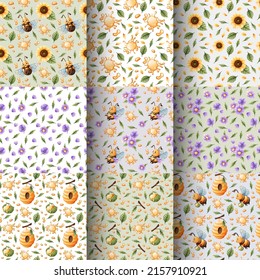 Set of seamless patterns with funny bees, flowers, honey. Suitable for children's textiles, clothes, wallpaper, paper