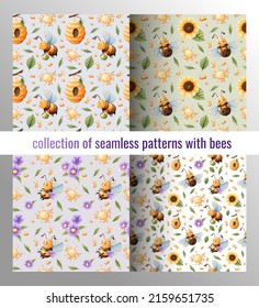 Set of seamless patterns with funny bees, flowers, honey. Suitable for children's textiles, clothes, wallpaper, paper