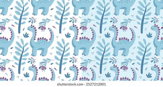 Set of seamless patterns with funny blue dinosaurs and tropical plants. Great for fabrics, wrapping papers, wallpapers, covers. Vector illustration in hand drawn flat style