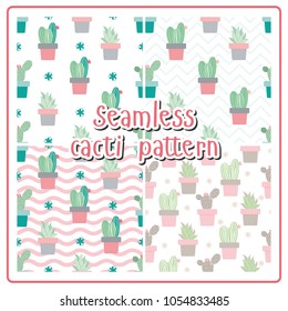 set of seamless patterns with funny cactus and succulent. Houseplant and wild cactus backgrounds.