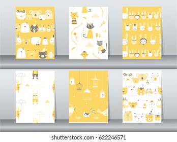set of seamless patterns with funny cartoon animals,bear,cat,bird,Vector illustrations