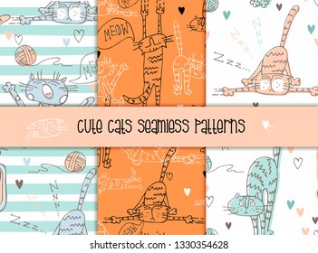 Set of seamless patterns of funny cats in a cute style. Vector. 