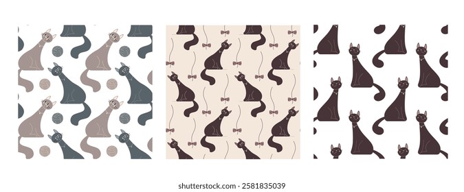 Set of seamless patterns with funny cats. Repeat textures for textile or wrapping paper with pets. Cute domestic animal wallpaper.