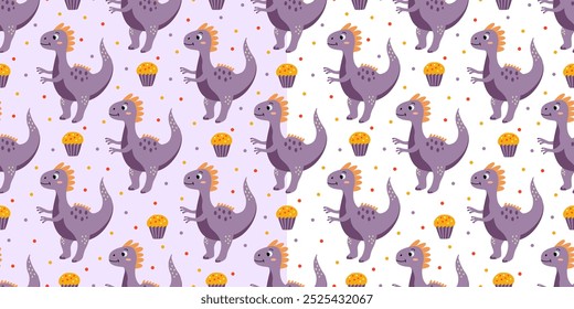 Set of seamless patterns with funny colorful dinosaurs and cupcakes on white and purple background. Great for fabrics, wrapping papers, wallpapers, covers. Vector illustration in hand drawn flat style
