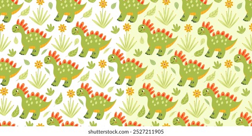 Conjunto de patrones sin fisuras con divertidos dinosaurios verdes bebé y plantas tropicales y flores. Ideal para telas, papel de embalaje, Fondos de pantalla, cubiertas. Ilustración vectorial en estilo plano dibujado a mano