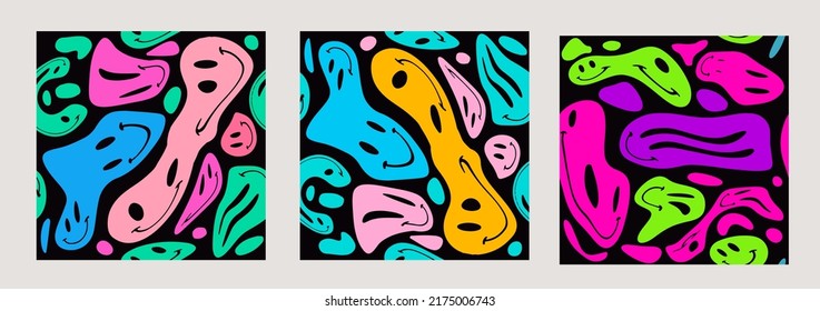 Conjunto de patrones impecables con caras divertidas de fusión en estilo psicodélico de dibujos animados.