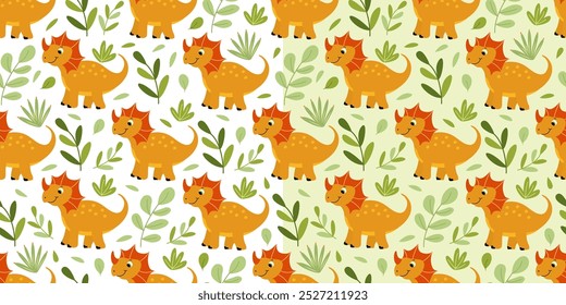 Conjunto de patrones sin fisuras con divertidos dinosaurios bebé naranja triceratops y plantas verdes. Ideal para telas, papel de embalaje, Fondos de pantalla, cubiertas. Ilustración vectorial en estilo plano dibujado a mano