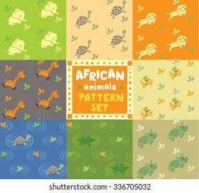 Set of seamless patterns with funny running african animals. Children vector illustration