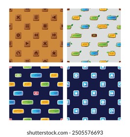 Set Of Seamless Patterns with Game Menu Elements For Video Interface. Wooden And Colorful Buttons With Settings