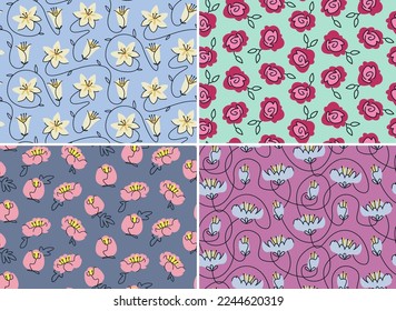 Conjunto de patrones impecables con cabezas de flores de jardín. Hermosas texturas naturales en estilo doodle.